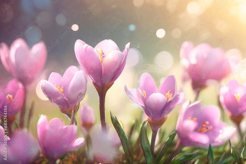 Spring blooming background with beautiful crocuses with bokeh.