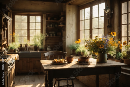 The warm interior of a rustic farmhouse kitchen
