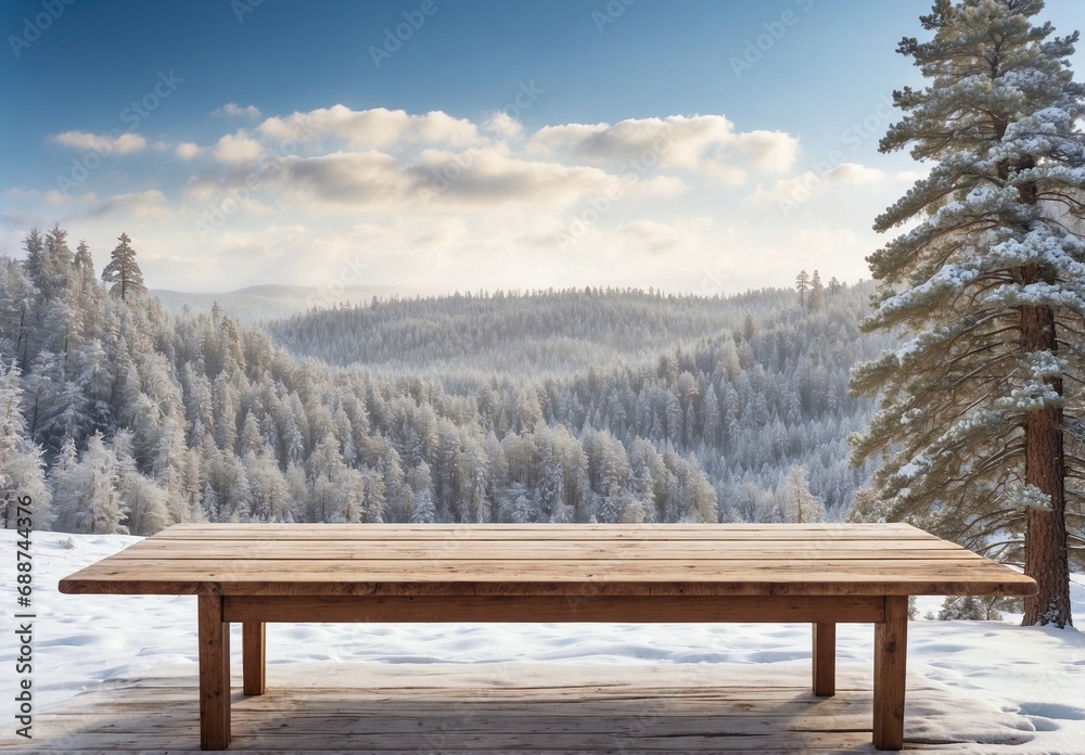 Wooden table with winter mountain pine forest landscape