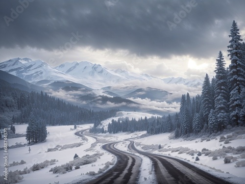 Mountain road with winter mountains landscape