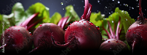 close-up of red beets in water drops