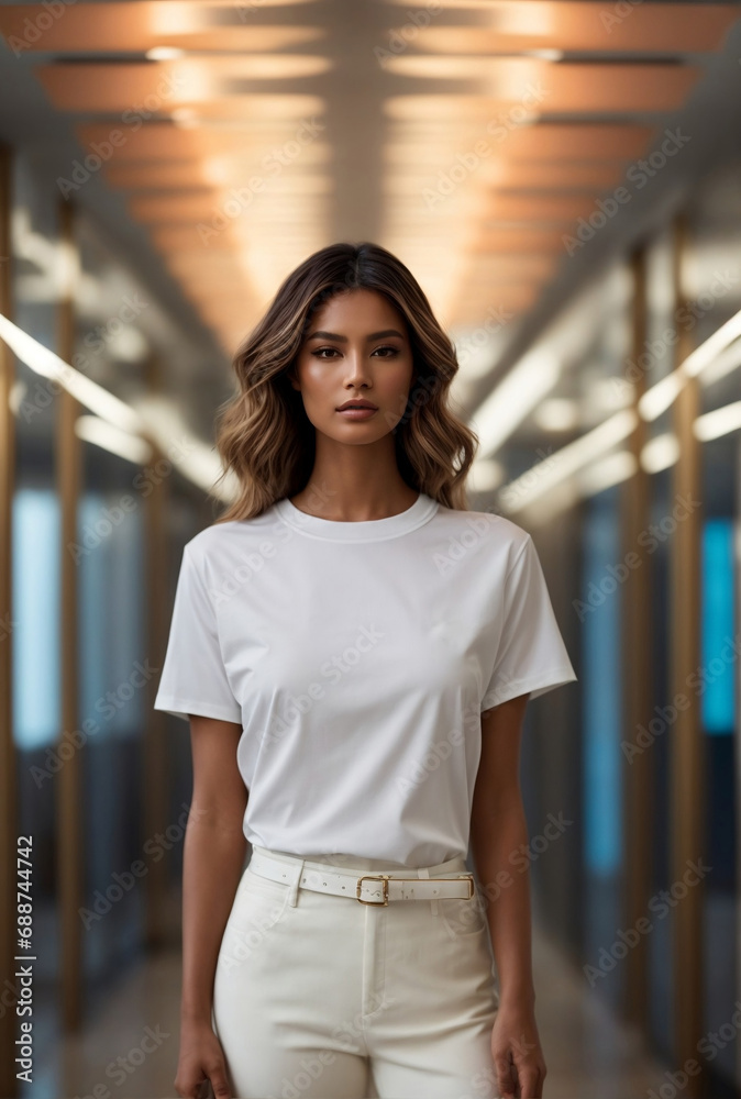 Smiling Young Woman T-Shirt Mockup. Blank White Tee for Stylish Apparel Showcase Smiling Young Woman T-Shirt Mockup. Blank White Tee for Stylish Apparel Showcase