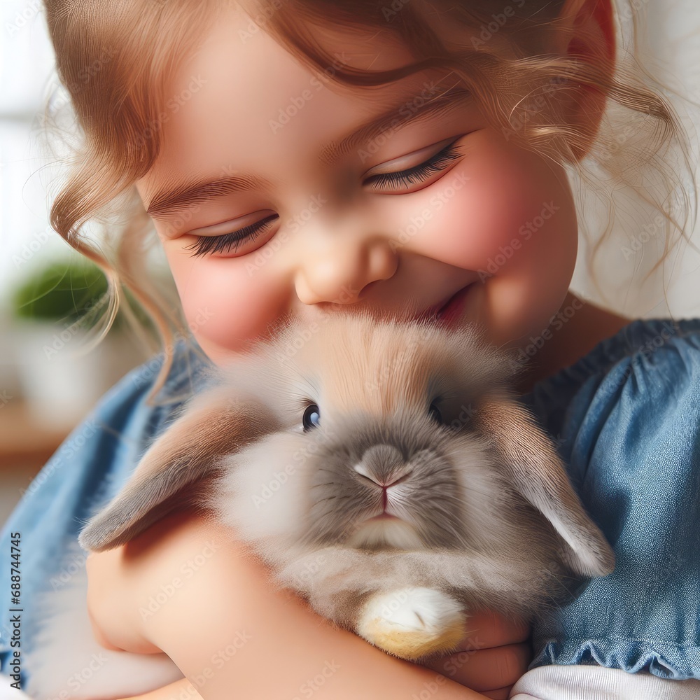 Beautiful young smiling girl is hugging a little grey rabbit; child and rabbit Beautiful young smiling girl is hugging a little grey rabbit; child and rabbit