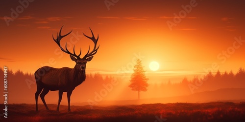 The same elk stands in the soft glow of dawn, its silhouette now warmed by the rising sun. © nur