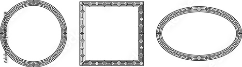 Greek motif border frames set. 3 black ornamental in ethnic style frames. Circle, square, oval. Ancient geometric decorative tiles. Vector