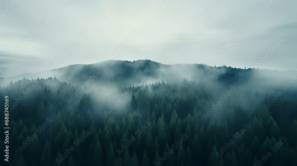 Obraz premium Serene Panorama of Foggy Forested Hills in a Minimal Landscape