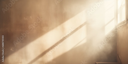 Dusty window opens onto a stairway, with rays of light streaming through photo