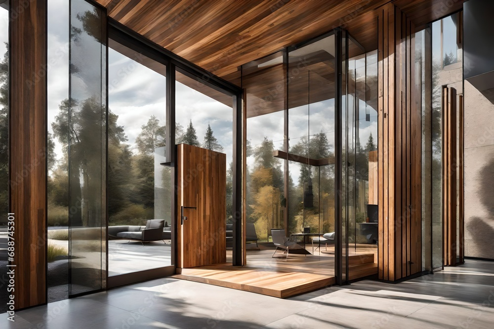 Obraz premium A close-up of a modern entrance featuring a unique blend of materials like glass, concrete, and wood, creating a striking first impression.