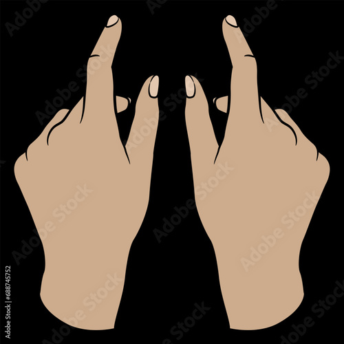 Two beautiful female hands in elegant gesture with pointing index fingers. Show size or distance between. Cartoon style. On black background.