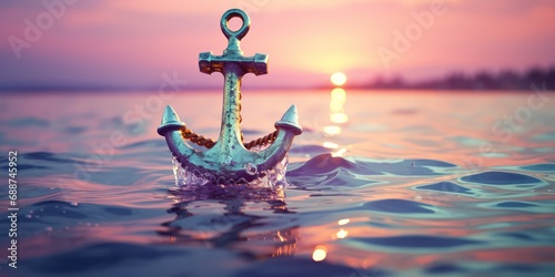 A bold golden anchor hangs suspended above the turbulent silver waves below. photo