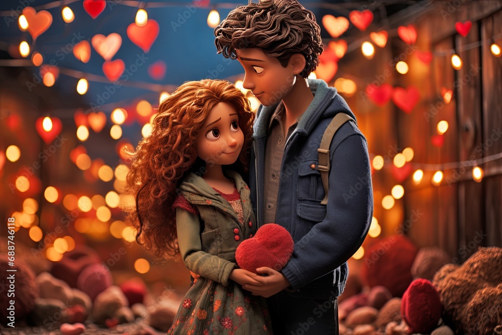 3d illustration A couple in winter clothes hugging holding a heart on a blurred background of a festive street. festive atmosphere, Valentine's day