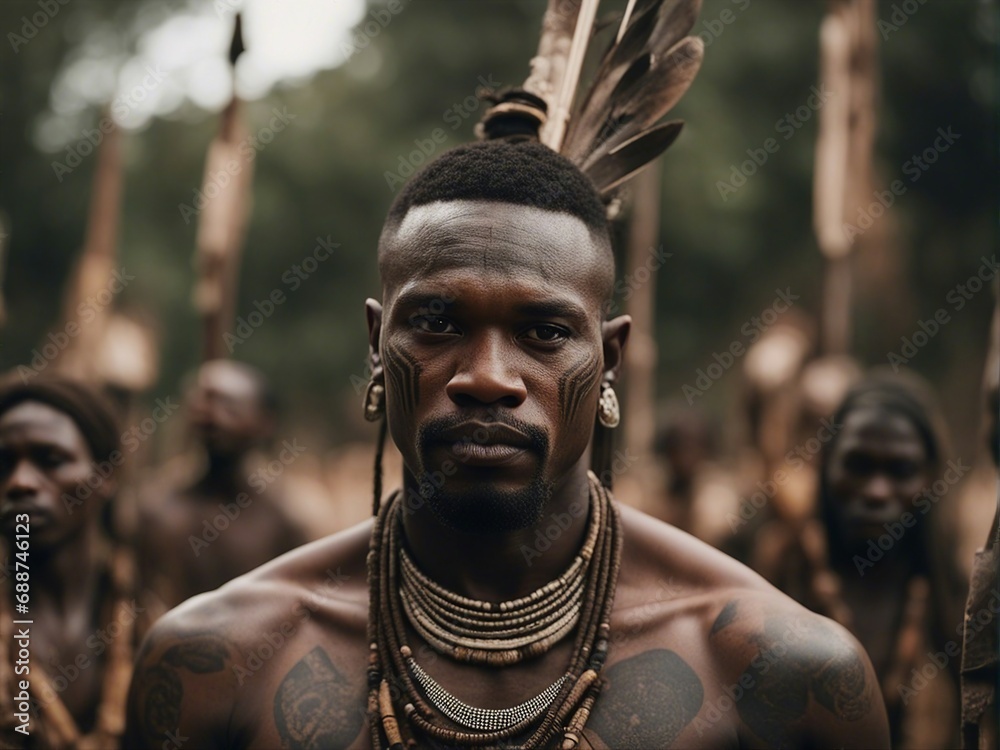 portrait of candid African male tribe with cultural tattoos make-up, cosmetics and wooden stone spear
portrait of candid African male tribe with cultural tattoos make-up, cosmetics and wooden stone spear