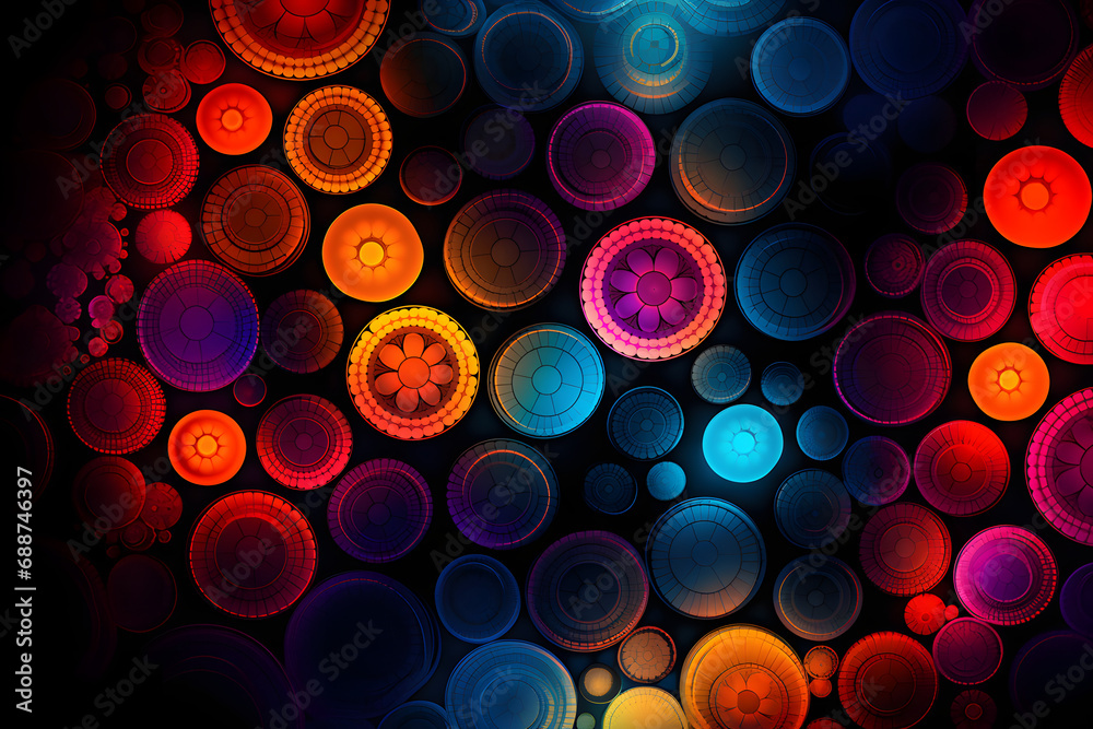 Neon fractal circles creating a psychedelic background - obrazy, fototapety, plakaty 