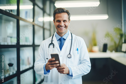 Young male doctor using smartphone at hospital