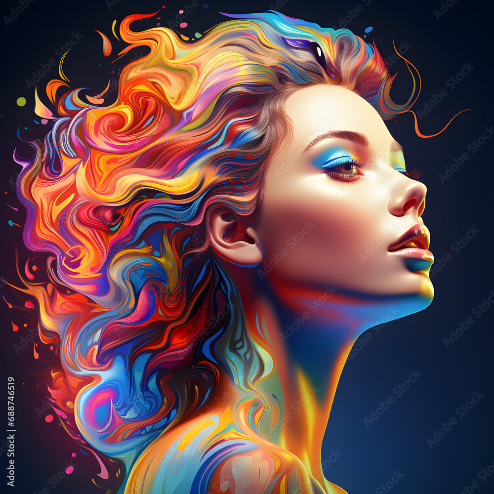 Young Woman with Colorful Paints in Hair, Gentle Abstraction