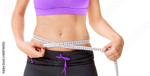 Weight loss, woman or measuring tape with stomach in studio for fitness, wellness or body progress or diet. Person, belly or waist with target for exercise, training or workout on white background