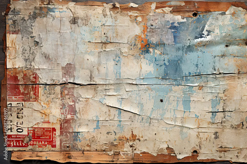 Chronicles of Decay Exploring Time's Tapestry in an Old Wrinkled Grunge Ripped Torn Placard Newspaper Background. Weathered Advertising Poster Pieces Unfold Stories in White, Pink, Blue,  © photobuay