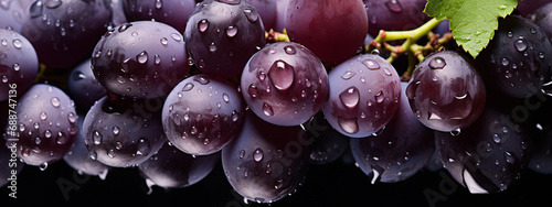 Close-up of berries of dark bunch of grape with water drops.