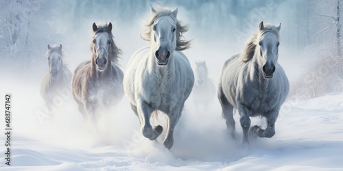 Snowflakes swirl around spirited horses galloping freely across a wintry, untouched landscape. photo
