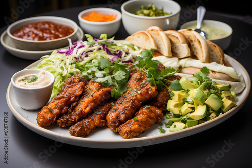 Grilled chicken wings and sliced bread served with dips and avocado salad