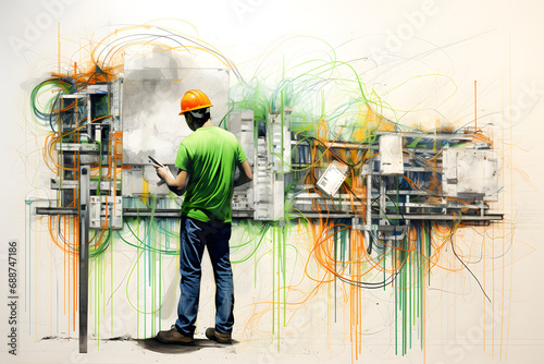 Technician in green shirt and hard hat examining electrical wiring on wall