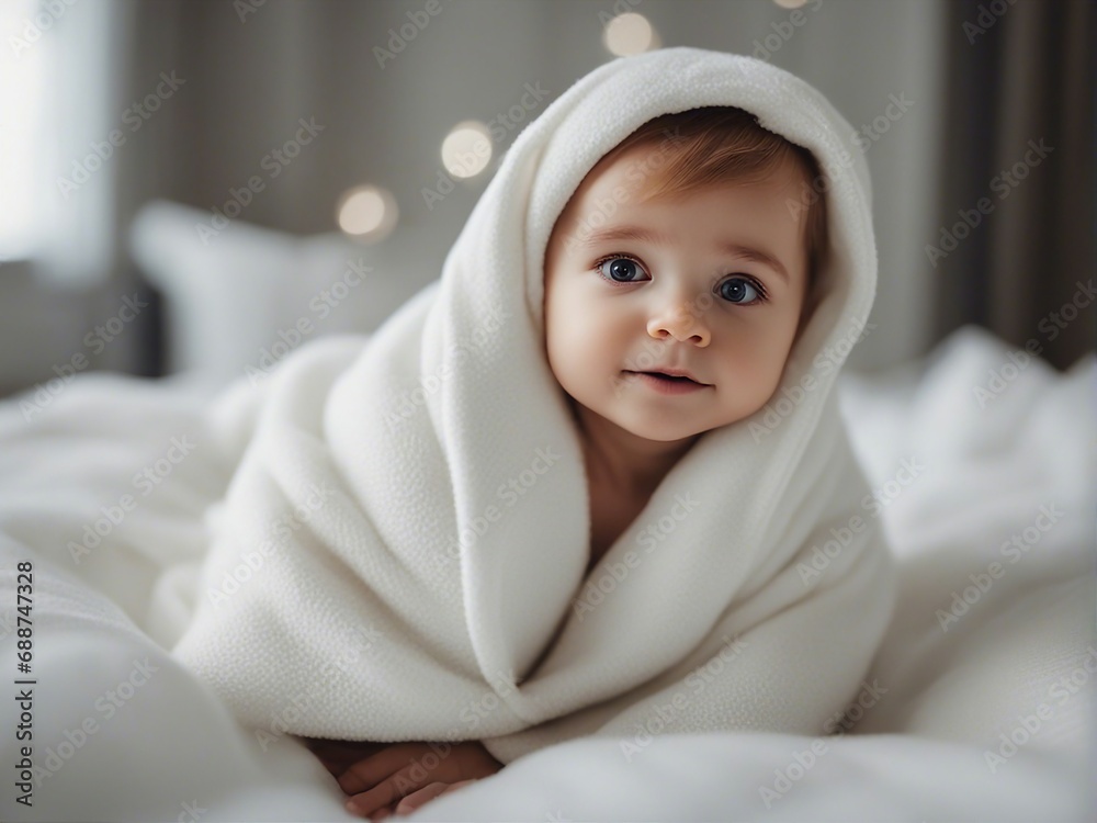 portrait of cute little american baby girl kid wrapped in soft white blanket on a bed
portrait of cute little american baby girl kid wrapped in soft white blanket on a bed