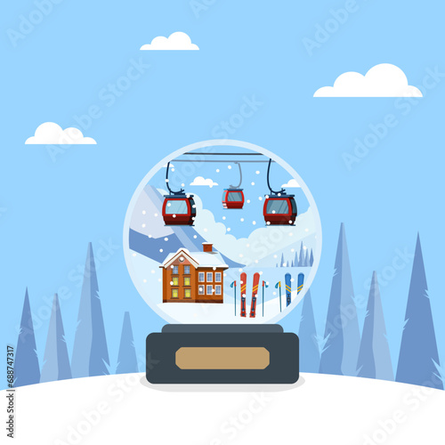 christmas tree with snow globe, Red ski equipment at the ski resort. Snowy mountains and slopes, winter evening and morning landscape, Snowboarding, skiing, snow, sports, winter mountain landscape