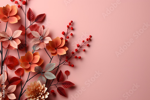 Paper floral art on pink background with leaves and red berries © alexandr