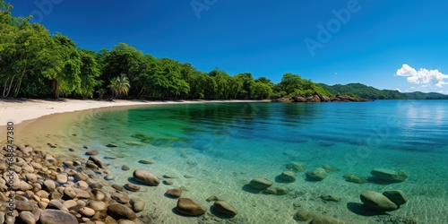 Panoramic view of a secluded tropical beach  with crystal-clear waters and dense forests