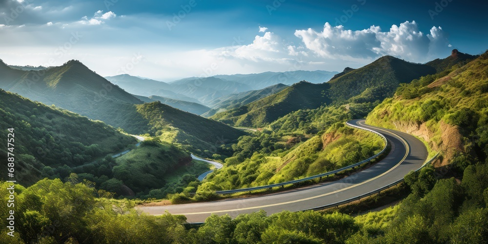 Winding road cuts a path through lush green mountains under a hazy sky ...