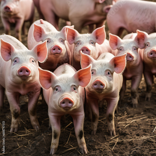 A large group of pigs of varying sizes stand together in a field, their eyes gazing in unison, capturing their communal nature within a rural setting..