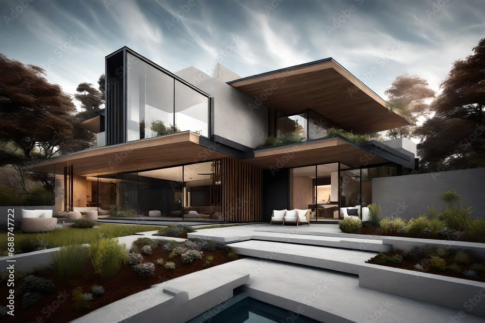 A unique perspective showcasing a modern house's exterior with artistic landscaping and architectural details. A unique perspective showcasing a modern house's exterior with artistic landscaping and architectural details.