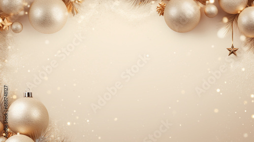 Fond et arrière-plan blanc, beige avec branches de sapin, boules de sapin de Noël. Ambiance hivernale, fête de Noël, célébration. Pour conception et création graphique.	 photo