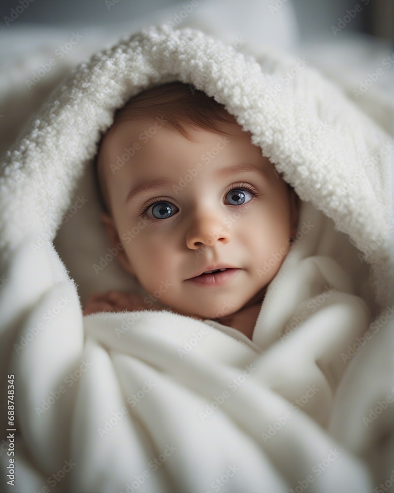 portrait of cute little american baby kid wrapped in soft white blanket on a bed portrait of cute little american baby kid wrapped in soft white blanket on a bed