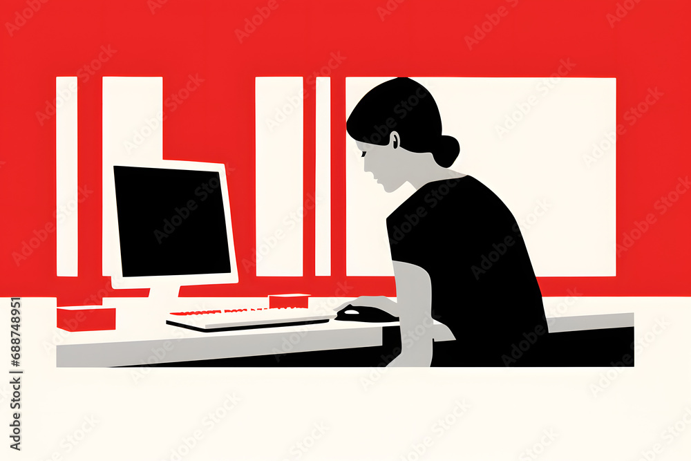 Black silhouette of woman at computer with red abstract elements Black silhouette of woman at computer with red abstract elements