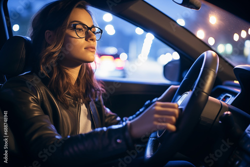 Beautiful young woman in glasses driving a car.