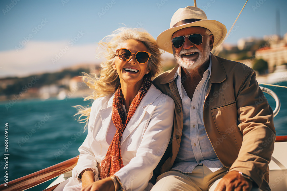 Elderly couple in love on a sailboat sailing. Generative AI Elderly couple in love on a sailboat sailing. Generative AI