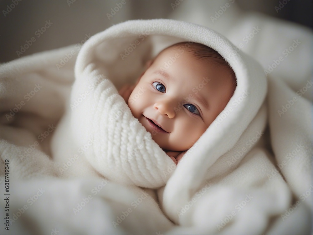 portrait of cute little russian newborn baby kid wrapped in soft white blanket on a bed smiling
portrait of cute little russian newborn baby kid wrapped in soft white blanket on a bed smiling