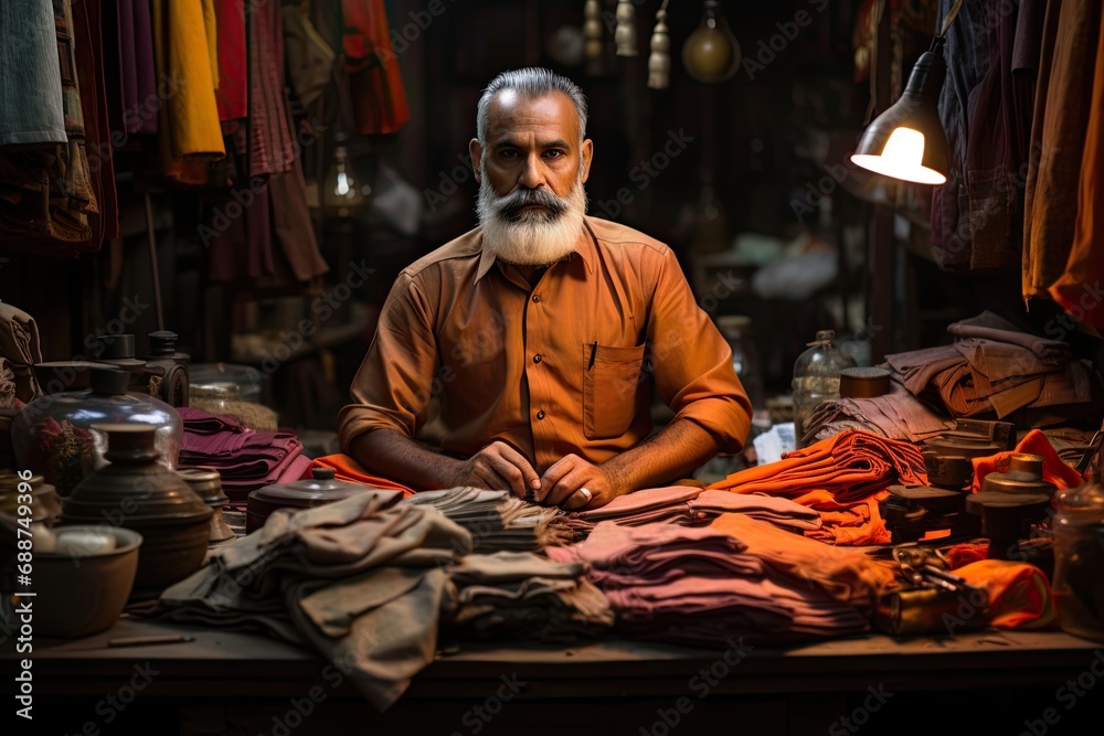 Obraz premium Indian tailor in workshop, surrounded by fabric.