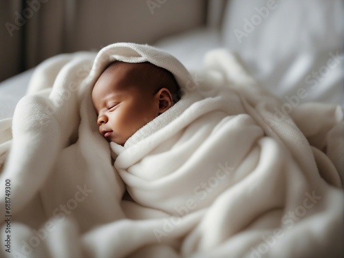 portrait of cute little black newborn baby kid wrapped in soft white blanket on a bed smiling