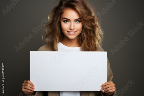 Smiling woman holding blank white sign wearing casual outfit