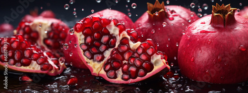 close-up of pomegranate in water drops photo