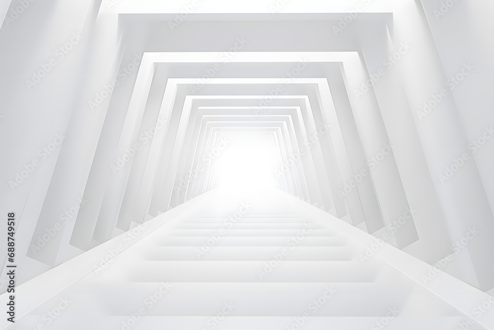 Abstract view of a white geometric tunnel with light at the end
