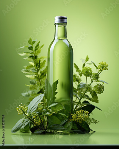glass water bottle around herbs on green background. copy space. fresh, organic drink. detox concept.
