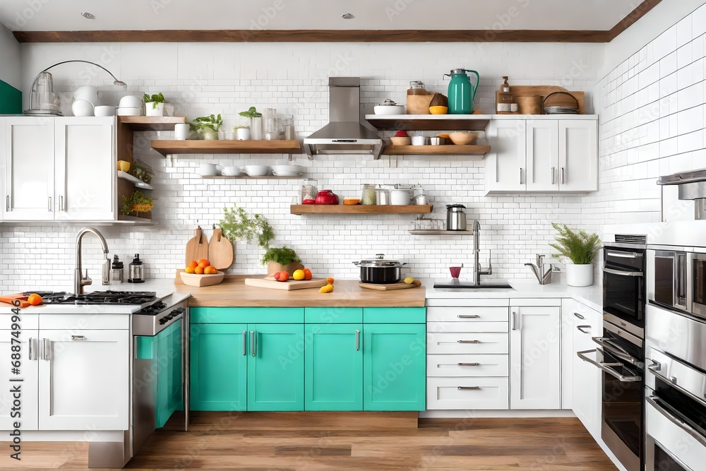 A modern kitchen with glossy white subway tiles, stainless steel appliances, and a pop of color from vibrant kitchenware A modern kitchen with glossy white subway tiles, stainless steel appliances, and a pop of color from vibrant kitchenware