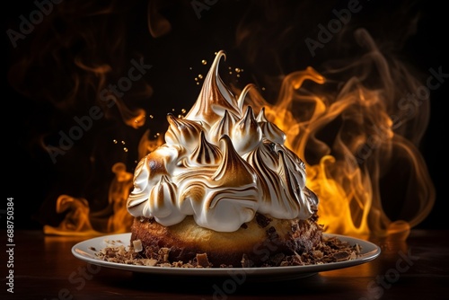 A captivating food photograph showcasing a meticulously crafted Baked Alaska dessert. The exquisite combination of cake, ice cream, and torched meringue presents a visually stunning and dramatic culin photo