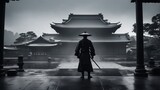 silhouette of Samurai with a weapon sword is standing in front of an old Japanese temple shrine, rainy day
