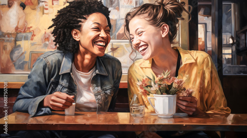 Two sisters laughing together over coffee at a cafe table.