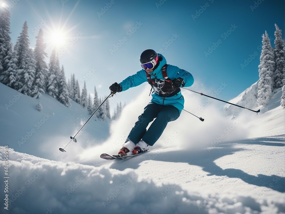 skier jumping in the snow mountains sunny day, behind it there are snow dust and clouds

