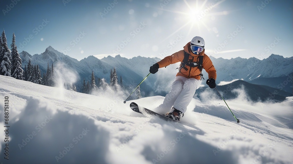 skier jumping in the snow mountains sunny day, behind it there are snow dust and clouds


